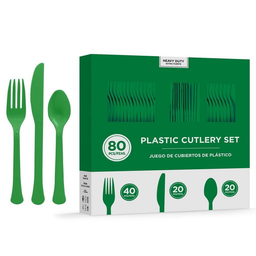 Festive Green Heavy-Duty Plastic Cutlery Set for 20 Guests, 80ct